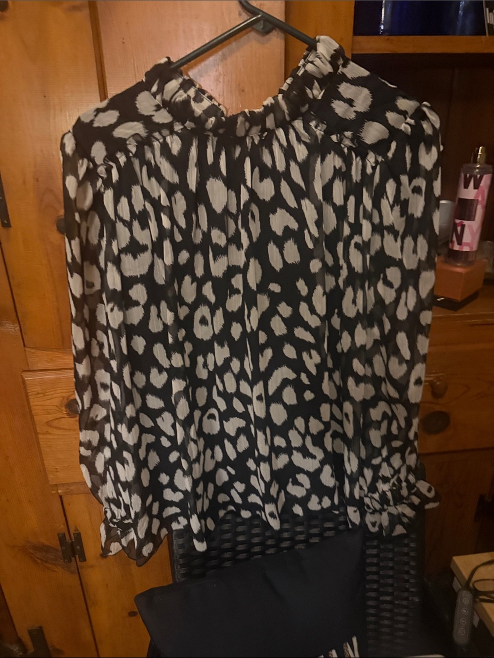 TCEC Black and White Leopard-Spot Ruffle Neck Blouse